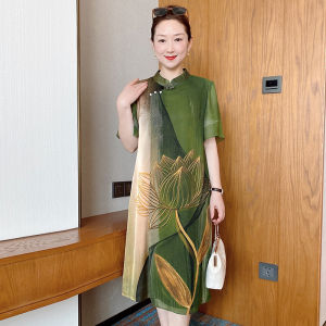 เรียบหรู ผู้หญิงวัยกลางคน ฤดูร้อน เดรส ชนเผ่า สไตล์ กระโปรง รายละเอียดปุ่มแขนยาวแฟชั่นใหม่ คอวี Midi เดรส