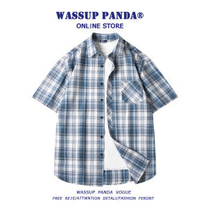 Wassup Panda Japanese Style Plaid Short Sleeve Mens Shirt Summer Trend Loose Casual Half Sleeve Shirt Coat Polyester Cotton Viscose