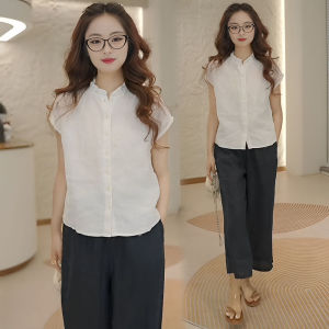 Linen Shirt Ruffle Collar Casual Commute Womens Style Summer New Arrival Korean Version Loose Fit Button Splice Short Sleeve