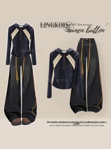NUMEN BUTTON | Plus Size Spring Retro Sporty Hooded Outfit Set With Loose Youthful Jeans