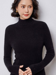 High Collar Woolen Sweater Womens 100 Pure Wool Silm Stretch Bottoming Shirt Tight Pullover Black Sweater Medium Thick