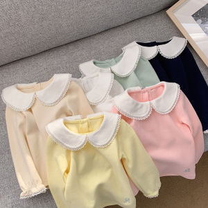 Girls Long Sleeve Lace Trimmed Doll Collar T-Shirt Versatile Base Layer Shirt for Middle And Older Children Cotton Polyester Blend