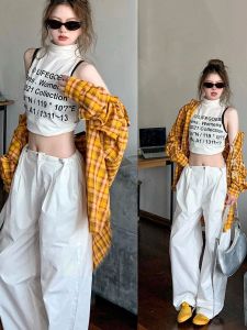 Retro Hong Kong Style Loose Fit Long Sleeve Womens Shirtcoat in Yellow And Red Plaid 2024 Summer New Arrival Slimming Effect