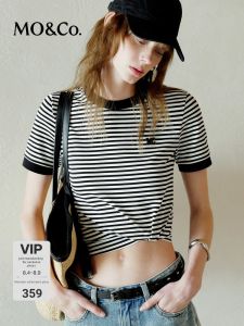 MO&Co. | Short Sleeve T-Shirt Black and White Stripes MC Embroidery Short Sleeve Round Neck Cotton Stretch