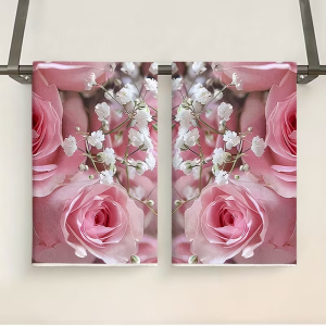 2-Piece Set with Rose Pattern Including Hand Towel Decorative Kitchen Dish Towel Scouring Pad Absorbent Tea Towel Suitable for Cooking and Baking Housewarming Gifts Cleaning Supplies and Bathroom Essentials