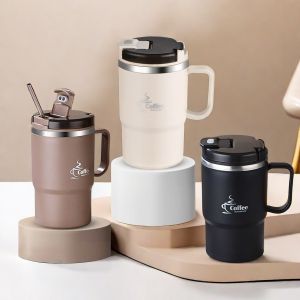 แก้วกาแฟสแตนเลส 304 ขนาด 450/500 มล. พร้อมช้อนและที่กรองชา แก้วน้ำสองชั้น ป้องกันการรั่วซึม เหมาะสำหรับเด็กและนักเรียน