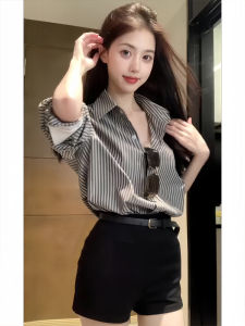 Áo Sơ Mi Chống Nắng Sọc Cổ Polo Một Nút Thời Trang Mùa Xuân Hè Mới Cho Nữ Áo Sơ Mi Lụa Tay Dài Thoáng Khí