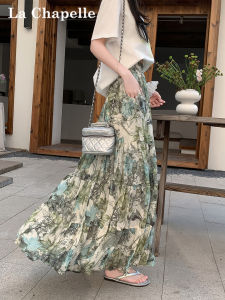 La Chapelle Vintage High Waist Floral Half Skirt Womens New 2025 Summer Slimming A-Line Long Skirt Cover up Korean Style