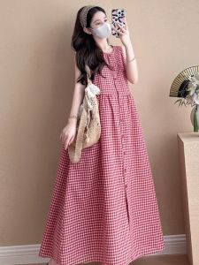 Pregnancy Friendly Sleeveless Checkered Korean Style A-line Dress