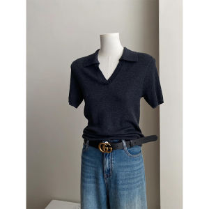 Deep Grey Knitted Ice Silk Short Sleeve Polo Shirt V-Neck T-Shirt Women Summer Slim Fit Short Length Fashionable Top