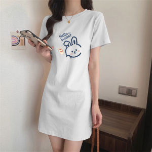 เสื้อยืดสั้น เดรส สีขาว ความยาวไหล่กลางยาวแขนสั้นผู้หญิงปกก้นด้านล่างหายไปยาว T คลอดบุตร กระโปรง