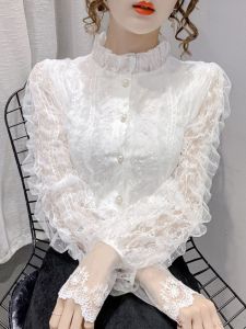 ผู้หญิง ลูกไม้ เสื้อเบส 2024 ฤดูใบไม้ร่วง ฤดูหนาว รูปแบบใหม่ ผ้าขนแกะ เรียงราย สไตล์ฝรั่งเศส ปกตั้ง แขนยาว คาร์ดิเกน สลิมฟิต เสื้อ