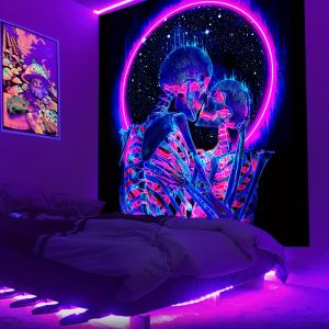 VIKAMA Dark Skeleton Lovers Tapestry Neon Bohemian ห้องนั่งเล่น Escape Room Decor Cyber โรแมนติกฉากหลัง