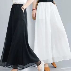 Silk Womens Casual Pants Skirt Pants Shawl Leggings Eighteen Wide Leg Pants Draping Mesh Base Layer Pants High Waist Elastic