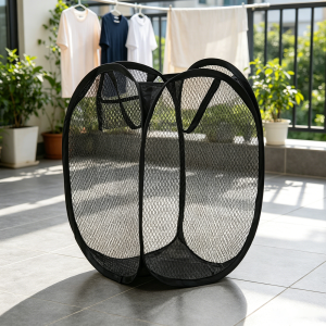 1pc Pop-Up Mesh Laundry Hamper: Foldable High-Capacity with Ergonomic Handles. Black/Red No Padding Durable for Home Use. Mode