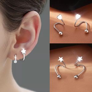 1Pair Stainless Steel Spiral Twisted Lip Ring Tongue Piercing Heart Star Ear Cartilage Helix Piercing Stud Earring For Woman