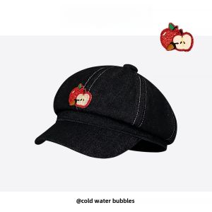 Millennial Hot Girl Embroidered Denim Octagonal Hat Womens New 2025 Face Slimming Y2K Newsboy Cap Artist Hat