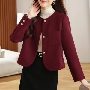 Elegant Short Woolen Coat Womens Fashionable Angora Red Spring Autumn Winter Outerwear Casual Chic Style round Neck Buttoned