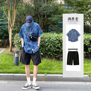 Japanese-Style Retro Gingham Workwear Short Sleeve Shirt Mens Summer Loose Multi-Pocket Denim Shirt Trendy Casual Suit