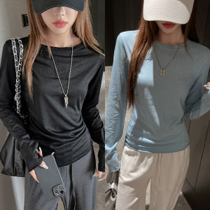 Miiow | Slim Fit Long Sleeve Round Neck Base Shirt Women Outerwear Autumn Korean Style Fashionable Versatile White T-Shirt Cat Person