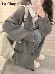La Chapelle Soft Knitted V-Neck Sweater Coat Womens Korean Style Spring Autumn New High-End Feel Loose Fit Long Sleeve