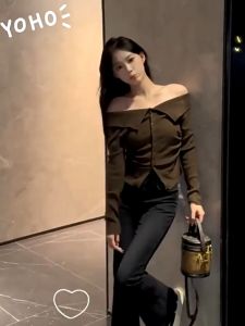 💥[A296] Áo len thun Montoghi dệt kim KIỂU NHÚN EO phối bẹt 2 bên vai tay dài phối nút xinh xắn - L2M