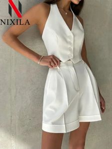 New Summer Womem Chic Vest Shorts Suit Two-Piece Set Office Ladies Elegant Sleeveless Chic 2 Piece Sets Womens Outfits Clothing