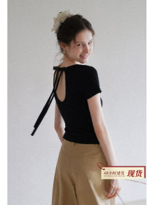Round Neck Back Cutout Short Sleeve T-shirt Slimming