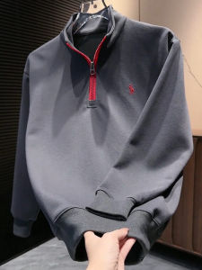 เสื้อสเวตเตอร์คอตั้งชาย กางเกงวอร์มลำลองหลวมๆ สำหรับฤดูใบไม้ร่วง ปักลายสีบล็อก เสื้อเชิ้ตพื้นฐานคอปกสูง