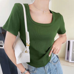 Square Collar Collarbone Knitting Short Sleeve T-Shirt Women Elastic Thread T-Shirt Amoi Pure Color Minimalist Sunken Stripe Slim-Fit Crop-Top
