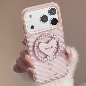Potdemiel | Korean Striped With Lattice Love Heart Magnetic Bracket Phone Case for iPhone 17 16 15 14 13 12 Pro Max Shockproof Soft Cover