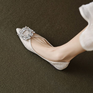 French Style Soft Bottom Diamond Embellished Slip-On Womens Fashion Shoes Spring Autumn Leather Pointed Toe Easy to Wear