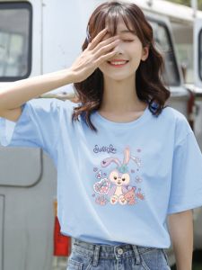 Light Blue Short sleeve T-shirt Women Cotton Loose 2023 New Rabbit Cartoon Print Student Half Sleeve Top Summer