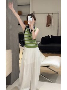 YUEZHONGWEI | School Style Color Block Stripe Collar Designed Petite Crop Sleeveless Top