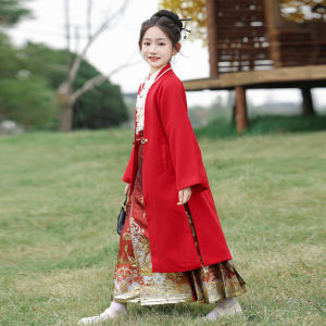 Autumn Winter Childrens Cheongsam Set Girls Traditional Chinese Costume New Year Visiting Outfit Thickened Polyester Fiber