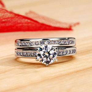 Huitan Cổ Điển 6 Móng Vuốt Đính Đá Cubic Zirconia Bộ Nhẫn Cho Nữ Cao Cấp Cưới Trang Sức Hình Học Phụ Kiện Cô Dâu Phong Cách Vượt Thời Gian