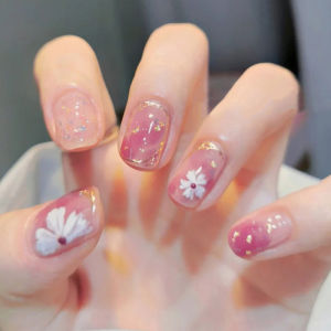 Sweet Fresh Short Flash Nail Art Stick-On False Nails Uniform Size Full-Size Floral Gradient Pink Purple Nail Patches