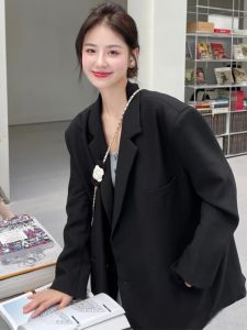 เสื้อสูทผู้หญิงทรงหลวมสบายๆ สีดำ ทรงเข้ารูป สไตล์นักศึกษา ฤดูใบไม้ผลิและฤดูใบไม้ร่วง เสื้อคลุมกันหนาวแบบลำลอง ระดับไฮเอนด์