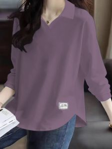 Pure Cotton Fashion Polo Collar Long Sleeves T-Shirt Womens Spring and Autumn Easiest for Match Oversize Cover Belly Bottoming Shirt Casual Anti-Aging Top