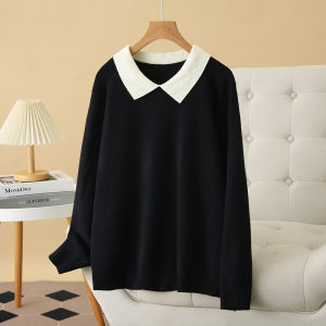 เสื้อสเวตเตอร์ถักแฟชั่นแขนยาวคอปกสีบล็อกไซส์ใหญ่ 2024 ฤดูใบไม้ร่วงและฤดูหนาว ดีไซน์ใหม่สไตล์เกาหลี เสื้อสเวตเตอร์ถักแบบอเนกประสงค์สำหรับผู้หญิงไซส์ใหญ่