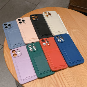 Luxury Solid Color Card Bag Slot Holder Pocket Phone Case For iPhone 16E 15 14 13 12 mini 11 Pro Max XS XR X 7 8 Plus Back Cover