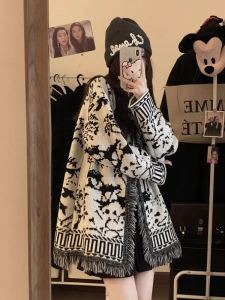 ย้อนยุค ถัก มีพู่ห้อย เสื้อสเวตเตอร์ คาร์ดิเกน หลวม ผู้หญิง ฤดูใบไม้ร่วง ฤดูหนาว สไตล์คอวีแขนยาวสบายแฟชั่นขี้เกียจ ถัก Ted เสื้อโค้ท