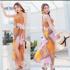 ชุดว่ายน้ำผู้หญิง งานแฟชั่น เสื้อ กางเกง ผ้าคลุม ลายพิมพ์สวย Bikini 3 ชิ้น [ มีราคาส่ง ]