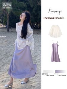 XUECAIQI | Traditional Style Plus Size Embroidered Long Sleeve Sun Protection Blouse and Cami Dress Set