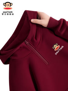 Paul Frank Red Wine Color Hoodie Mens Autumn Winter Half Zipper Hooded Top Fashion Urban Style Long Sleeve Cotton Polyester Blend