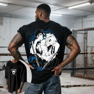 Bandai | Demon Slayer Mens T-shirt Inosuke Hashibira Anime Summer Boy Spring and Autumn Childrens Short-sleeved Loose Parent-child Wear