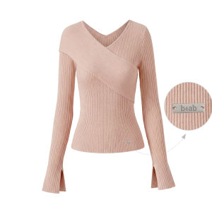 Pink Cross V-Neck Shoulder Revealing Slimming Spring New Knit Top