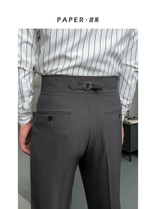 Gray Naples High Waist Straight Leg Business Casual Pants Paris Buckle Adjustable Slim Fit Mens Long Trousers Workwear