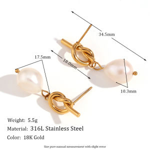 Knot Button Freshwater Pearl Drop Earrings Water Resistant 316L Stainless Steel Jewelry 18K Gold Plated Earrings for Women