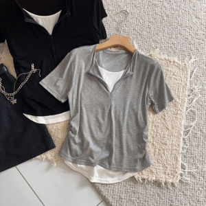 Half Zip Slimming Fake Layered T-shirt